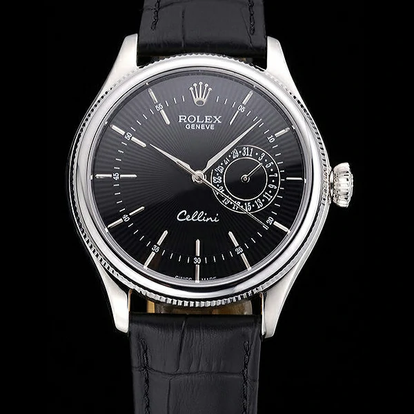 Rolex Cellini Black Dial Stainless Steel Case Black Leather Bracelet new60650
