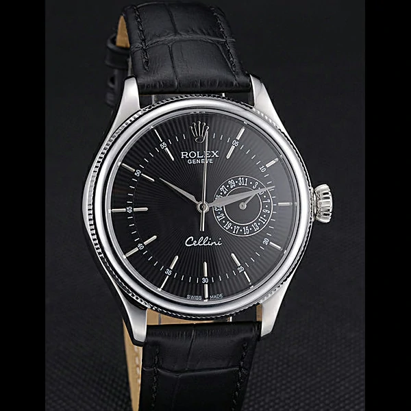 Rolex Cellini Black Dial Stainless Steel Case Black Leather Bracelet new60650