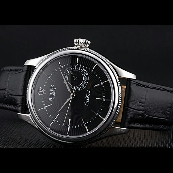 Rolex Cellini Black Dial Stainless Steel Case Black Leather Bracelet new60650