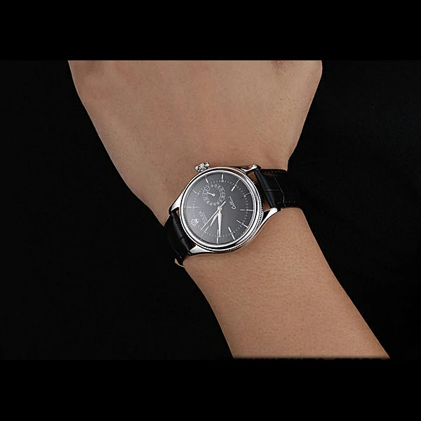 Rolex Cellini Black Dial Stainless Steel Case Black Leather Bracelet new60650