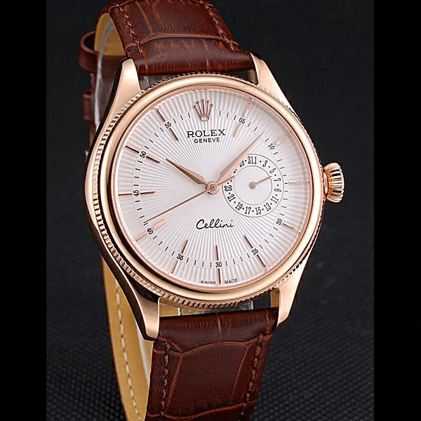 Rolex Cellini White Rose Dial Gold Case Brown Leather Bracelet new60651