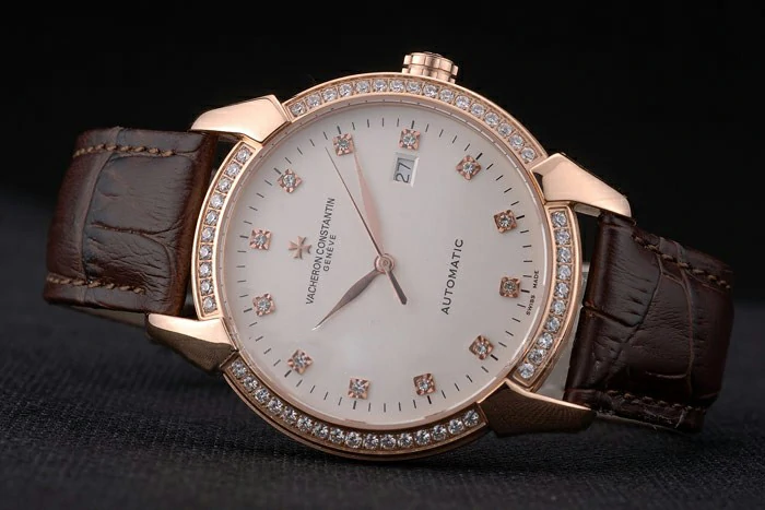 Vacheron Constantin Traditionnelle White Dial Rose Gold Diamond Case Brown Leather Bracelet new105482