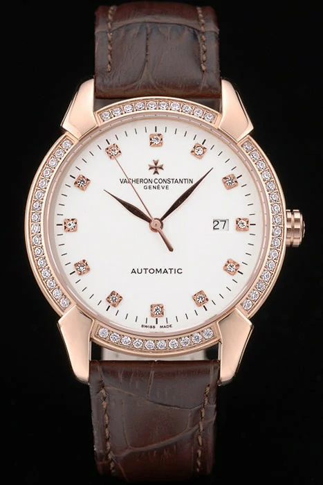 Vacheron Constantin Traditionnelle White Dial Rose Gold Diamond Case Brown Leather Bracelet new105482