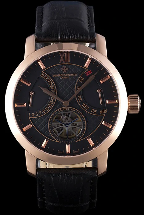 Vacheron Constantin Tourbillon Black Dial Rose Gold Case Black Leather Bracelet new112853