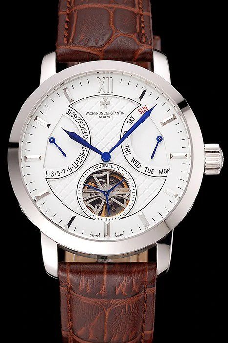 Vacheron Constantin Tourbillon White Dial Stainless Steel Case Brown Leather Bracelet new112863
