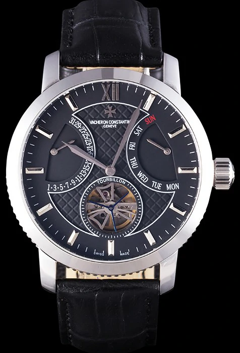 Vacheron Constantin Tourbillon Black Dial Stainless Steel Case Black Leather Bracelet new112873
