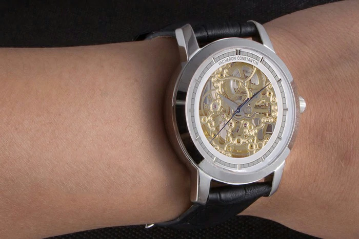 Vacheron Constantin White Skeleton Watch with Rose Silver Bezel and Black Leather Strap new117633