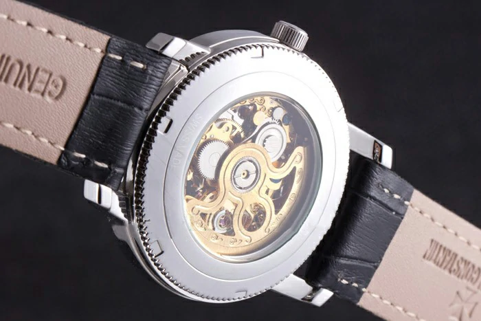 Vacheron Constantin White Skeleton Watch with Rose Silver Bezel and Black Leather Strap new117633
