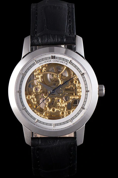 Vacheron Constantin White Skeleton Watch with Rose Silver Bezel and Black Leather Strap new117633