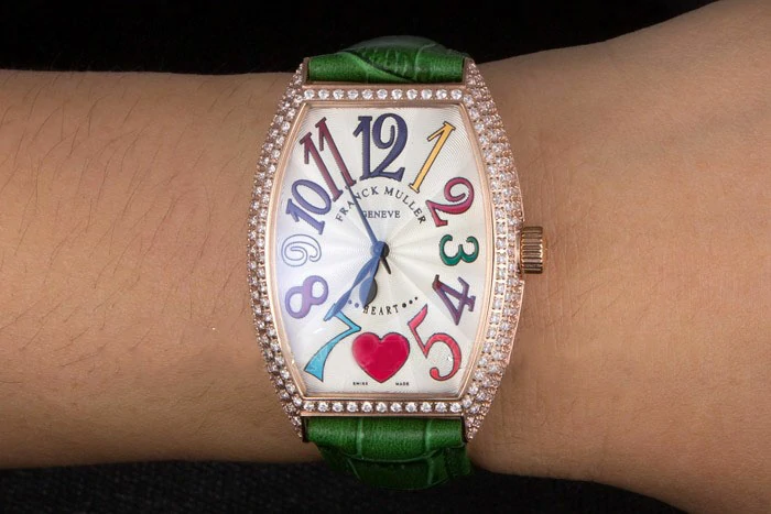 Franck Muller Heart Diamond Gold Bezel Green Leather Band new117989
