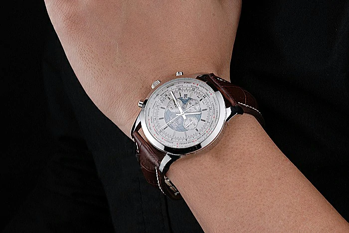 Breitling Transocean Chronograph Unitime White Dial Stainless Steel Case Brown Leather Bracelet new118766