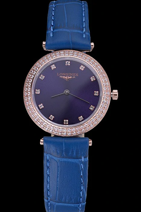Longines La Grande Classique Blue Round Dial Diamond Case Diamond Numerals Blue Leather Band new119075