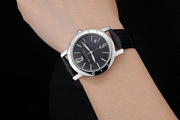 Bvlgari Black Dial Stainless Steel Case Black Leather Bracelet new119211