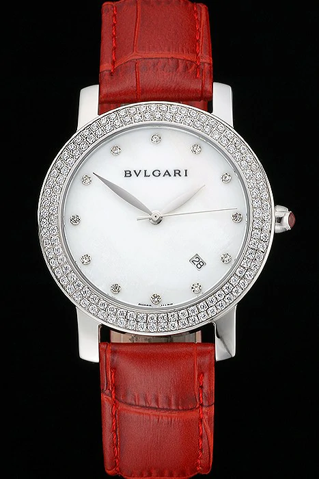 Bvlgari White Dial Diamond Case Red Leather Bracelet new119217