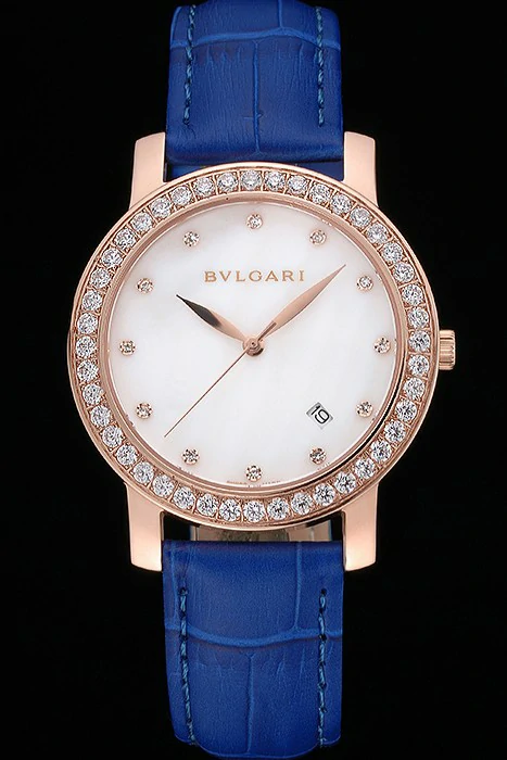 Bvlgari White Dial Diamond Case Blue Leather Bracelet new119218