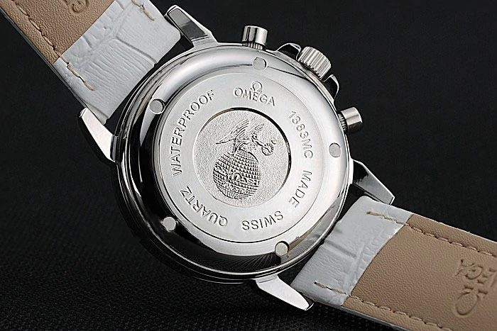 Omega De Ville Chronograph White Dial Stainless Steel Diamond Case White Leather Bracelet new119233