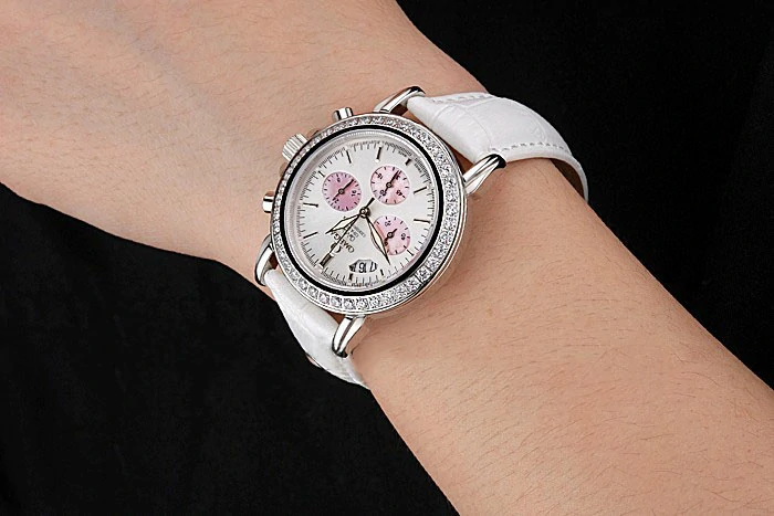 Omega De Ville Chronograph White Dial Stainless Steel Diamond Case White Leather Bracelet new119233