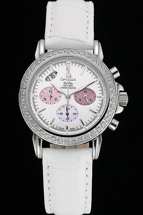Omega De Ville Chronograph White Dial Stainless Steel Diamond Case White Leather Bracelet new119233