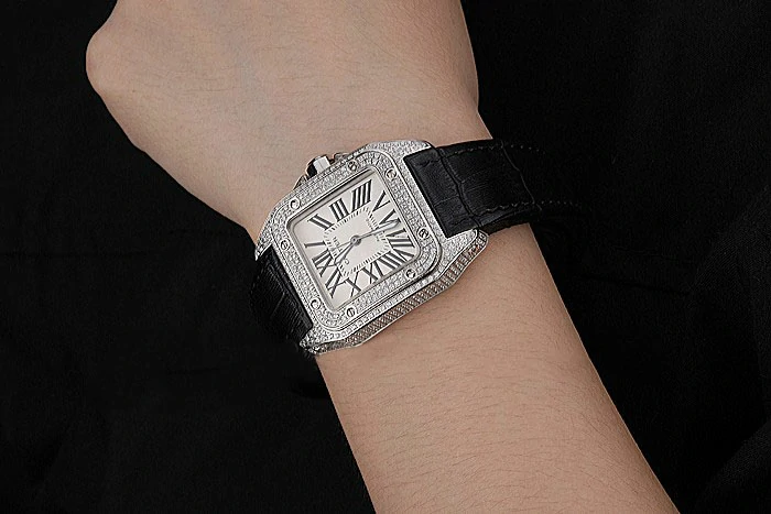 Cartier Santos Dumont Diamond Case White Dial Roman Numerals Black Leather Bracelet new119930