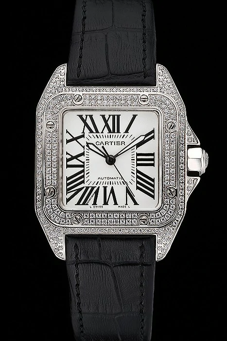 Cartier Santos Dumont Diamond Case White Dial Roman Numerals Black Leather Bracelet new119930