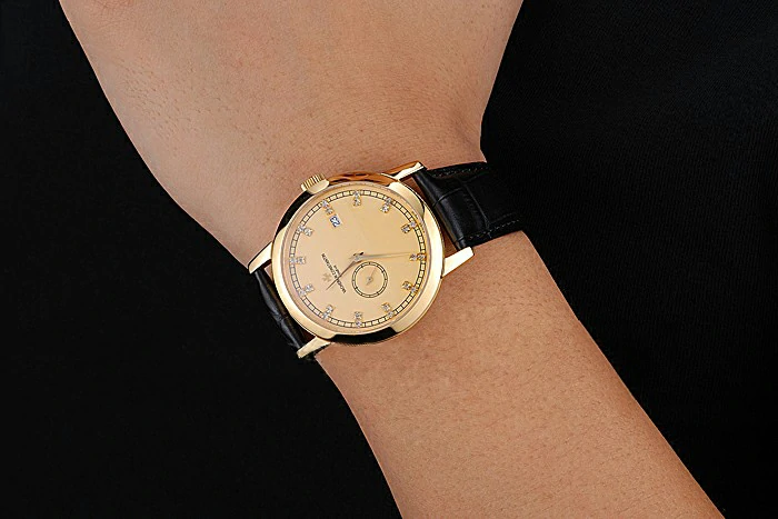 Vacheron Constantin Patrimony Contemporaine Gold Case Gold Diamond Dial Black Leather Bracelet new120082