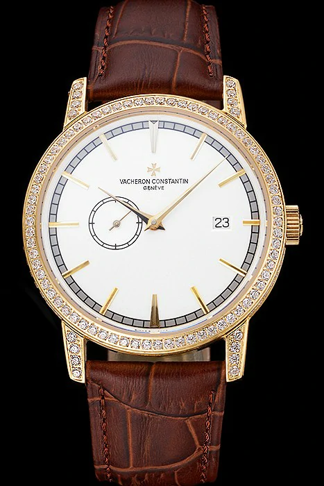 Vacheron Constantin Patrimony Contemporaine Gold Diamond Case White Dial Brown Leather Bracelet new120086