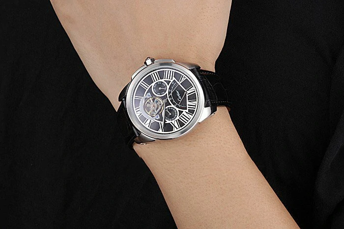 Cartier Calibre Tourbillon Black Dial Stainless Steel Case Black Leather Strap new120726