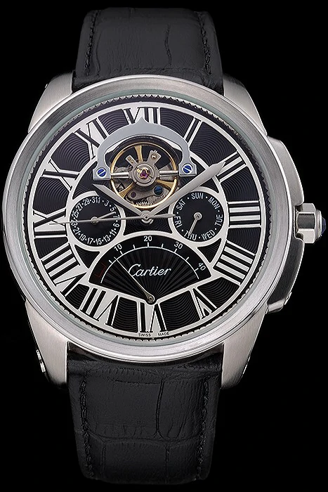 Cartier Calibre Tourbillon Black Dial Stainless Steel Case Black Leather Strap new120726
