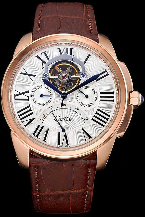 Cartier Calibre Tourbillon White Dial Gold Case Brown Leather Strap new120727