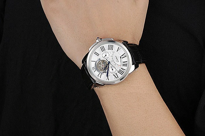 Cartier Calibre Tourbillon White Dial Stainless Steel Case Black Leather Strap new120728