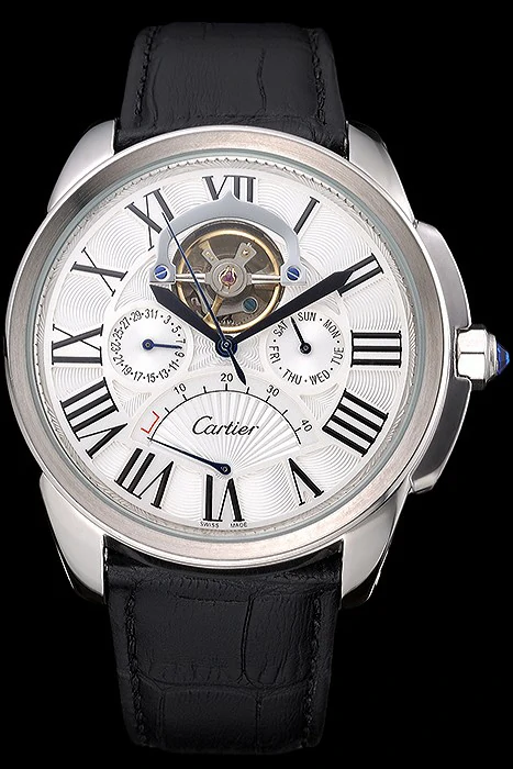 Cartier Calibre Tourbillon White Dial Stainless Steel Case Black Leather Strap new120728