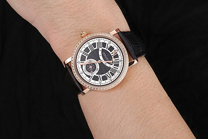 Cartier Rotonde Black And White Dial Gold Case With Jewels Black Leather Strap new120730