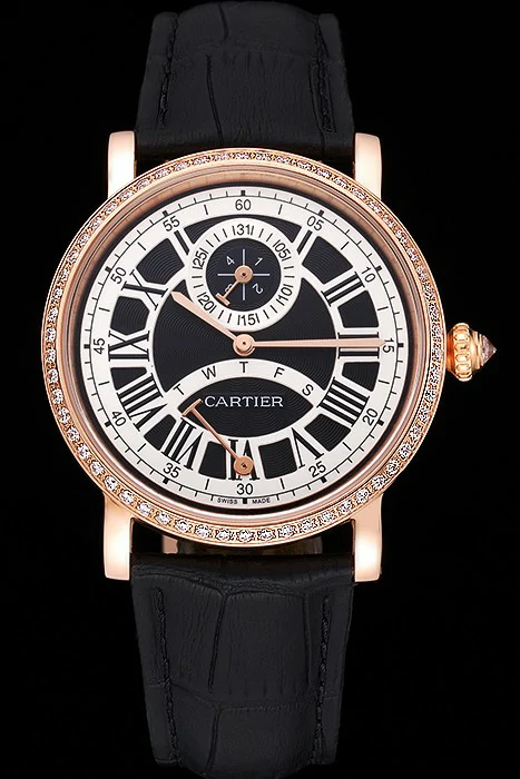 Cartier Rotonde Black And White Dial Gold Case With Jewels Black Leather Strap new120730