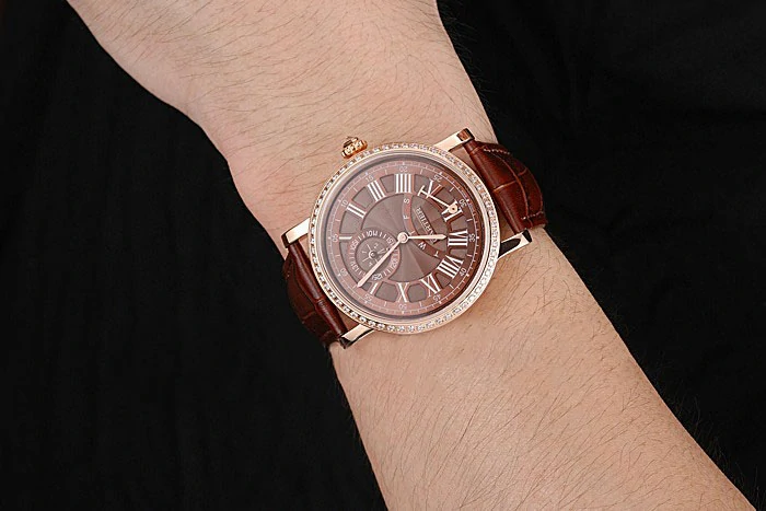 Cartier Rotonde Brown Dial Gold Case With Jewels Brown Leather Strap new120732