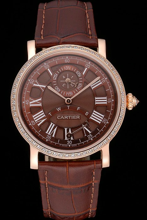 Cartier Rotonde Brown Dial Gold Case With Jewels Brown Leather Strap new120732