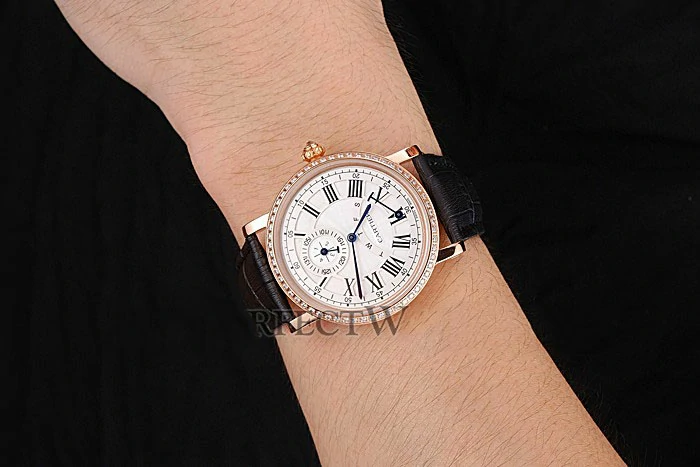 Cartier Rotonde White Dial Gold Case With Jewels Black Leather Strap new120734
