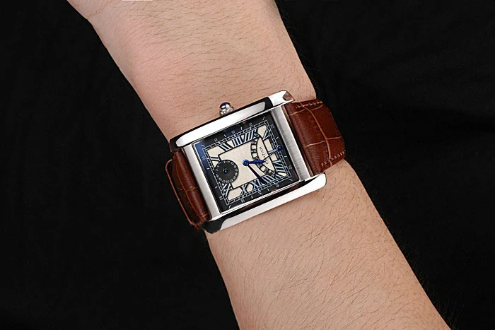 Cartier Tank Black And White Dial Stainless Steel Case Brown Leather Strap new120736