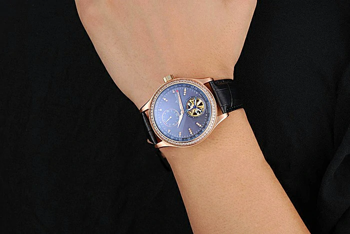 Jaeger LeCoultre Master Tourbillon Dualtime Black Dial Gold Case With Diamonds Brown Leather Strap new120754