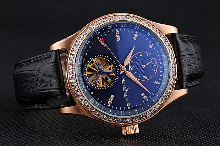 Jaeger LeCoultre Master Tourbillon Dualtime Black Dial Gold Case With Diamonds Brown Leather Strap new120754