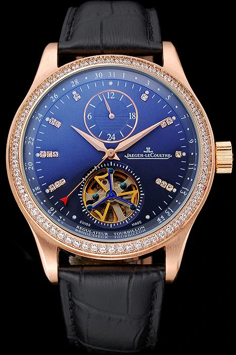 Jaeger LeCoultre Master Tourbillon Dualtime Black Dial Gold Case With Diamonds Brown Leather Strap new120754