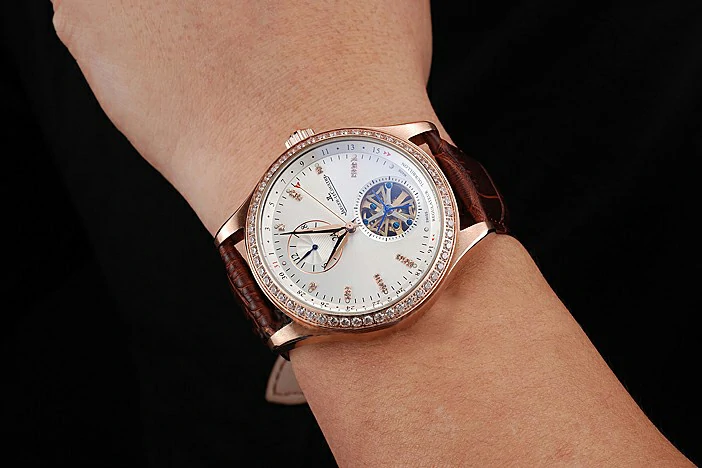 Jaeger LeCoultre Master Tourbillon Dualtime White Dial Gold Case With Diamonds Brown Leather Strap new120755