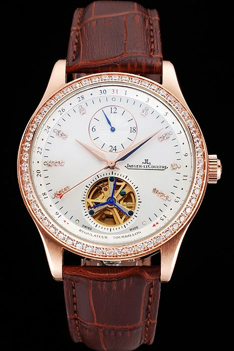 Jaeger LeCoultre Master Tourbillon Dualtime White Dial Gold Case With Diamonds Brown Leather Strap new120755