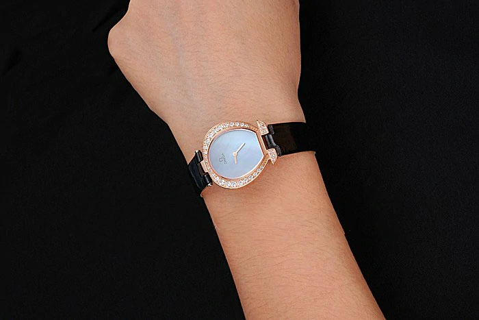 Omega Ladies Watch Blue Dial Gold Case With Diamonds Black Leather Strap new120771
