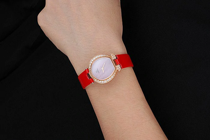 Omega Ladies Watch Pink Dial Gold Case With Diamonds Red Leather Strap new120774