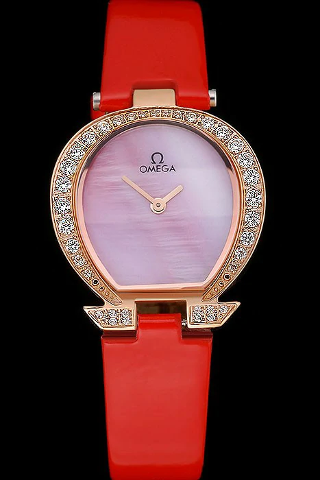 Omega Ladies Watch Pink Dial Gold Case With Diamonds Red Leather Strap new120774
