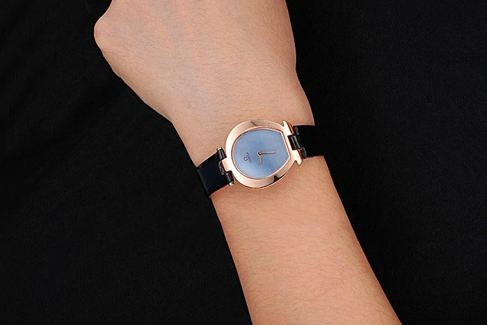 Omega Ladies Watch Sky Blue Dial Gold Case Black Leather Strap new120776