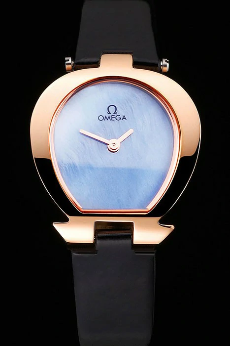Omega Ladies Watch Sky Blue Dial Gold Case Black Leather Strap new120776