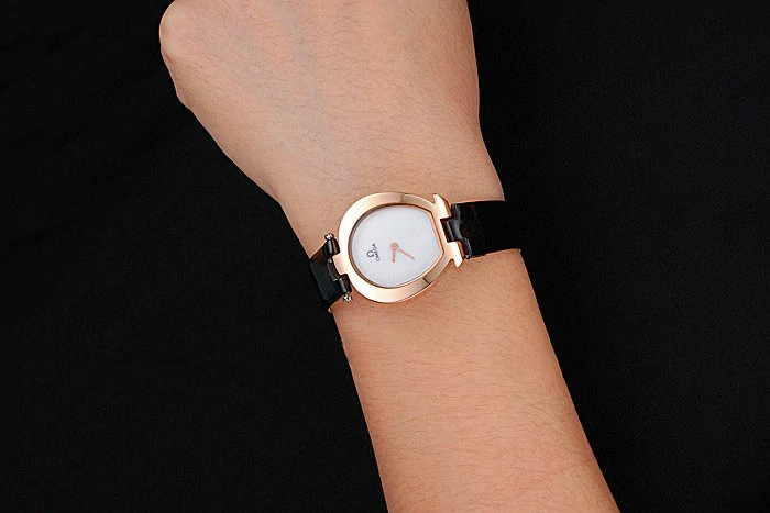 Omega Ladies Watch White Dial Gold Case Black Leather Strap new120778