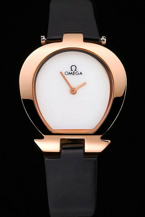 Omega Ladies Watch White Dial Gold Case Black Leather Strap new120778