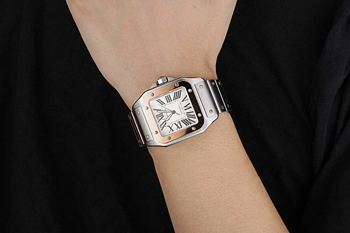 Cartier Santos White Dial Gold Bezel Steel Case And Bracelet new120853
